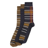 Three pairs of striped socks in brown, blue, and plaid patterns on a white background.